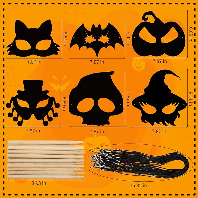JMUQ Halloween Scratch Mask Games for Kids, 72Pcs Halloween Scratch Art Craft Kit Rainbow Scratch Paper Art for Halloween Party Favors Supplies Halloween Classroom Favors Halloween Activities