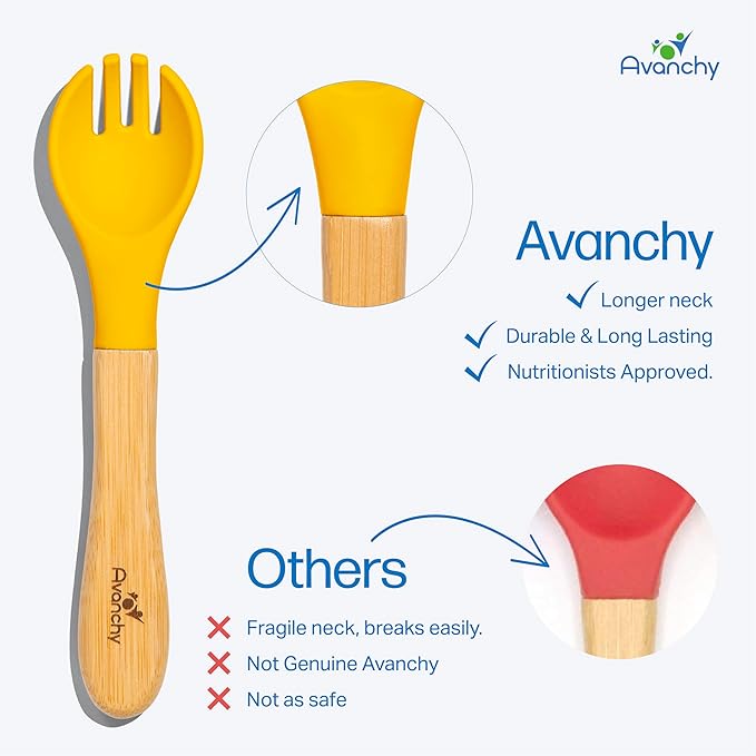 Avanchy Baby Fork Set, Bamboo and Silicone Spork Utensils, Toddler Baby Led Weaning Silverware Cutlery Flatware, Kids First Self Feeding