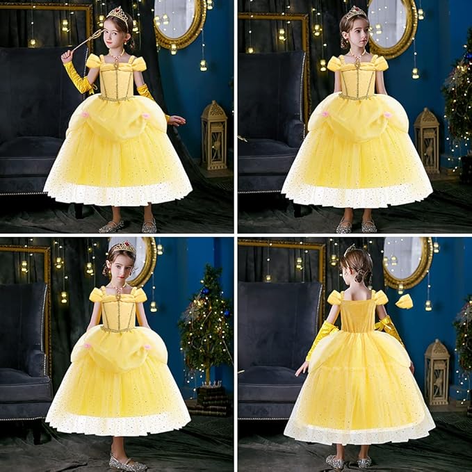 Princess Dress Up Clothes for Little Girls, Belle Costume Dress with Accessories for Birthday Party Cosplay Halloween