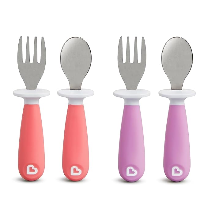 Munchkin® Raise™ Toddler Fork and Spoon Utensil Set, Rest Keeps Tip Off Table, BPA Free, 4 Pack, Pink/Purple