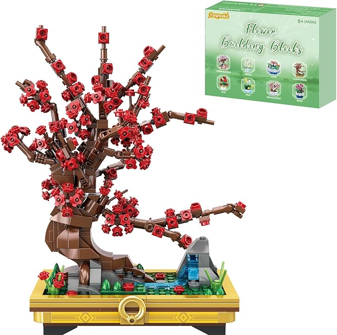 Plum Blossom Bonsai Tree Building Set, Small Building Blocks Set, for Kids Adults Chinese Flower Blocks Sets Home Office Decor for Adults Gift for Kids Age 6+,Red,483 Pieces 63004