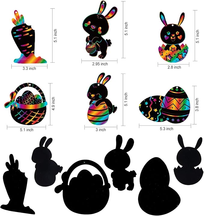 HOWAF 36pcs Easter Scratch Art for Kids Crafts Gift, Easter Egg Rainbow Scratch Art Paper for Kids Easter Drawing DIY Tags Decoration Easter Party Bag Fillers, Easter Egg Bunny Chick Carrot Basket