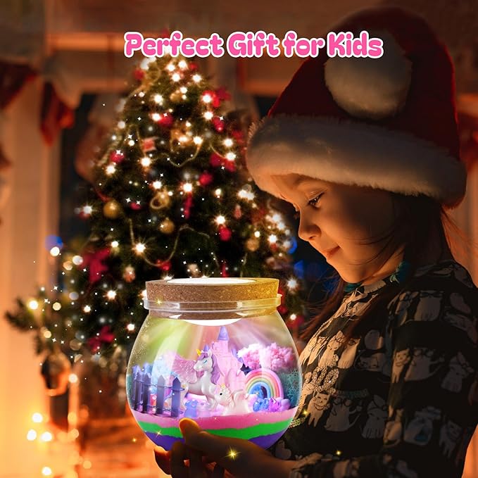 Uni-Corn Terrarium Kit Toys for Girls - Birthday Christmas Gift for Girls Ages 4 5 6 7 8-12 Year Old - Light Up DIY Uni-Corn Arts and Crafts for Kids