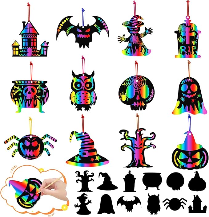PARTYWIND Magic Halloween Crafts for Kids Activities, 60 PCS Scratch Paper Art for Halloween Hanging Decorations Ornaments, Scratch Off Cards with Pumpkin/Zombie/Bat, DIY Party Supplies Favors