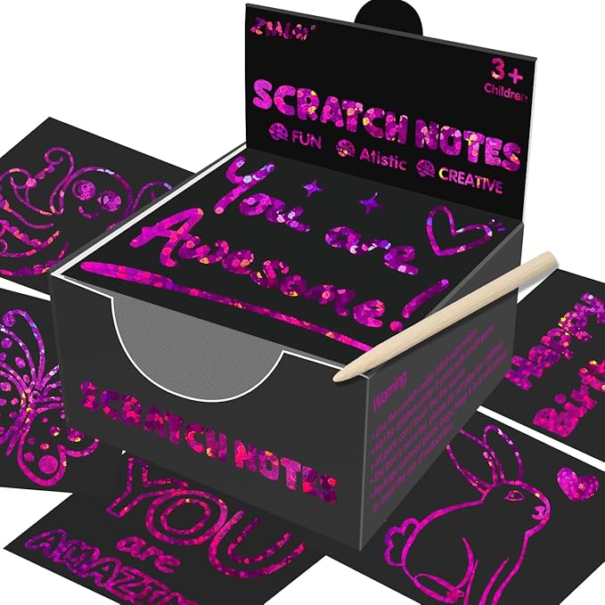 ZMLM Rainbow Scratch Art Paper Mini Note for Kids Gifts Ages 4-8 Bulk Craft Supplies for Teen Girls Boys Easter Basket Stuffers Birthday Classroom Party Games Toy Valentines Day Gift(Rose)