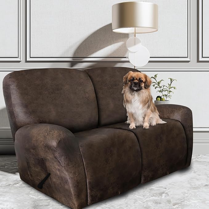 Leather Look Loveseat Recliner Covers Stay in Place 6-Piece Recliner Sofa Slipcover 2 Seater Reclining Couch Cover Furniture Protector Spandex Fabric Washable (Recliner Loveseat, Brown)