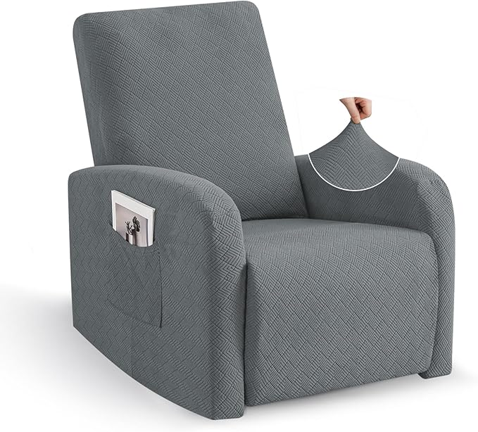 JIVINER 3 Piece Small Recliner Covers for Large Recliner with Pockets Stretch Jacquard Lazy Boy Reclining Couch Cover Soft Furniture Couch Protector with Elastic Bottom (1 Seater Small, Light Grey)