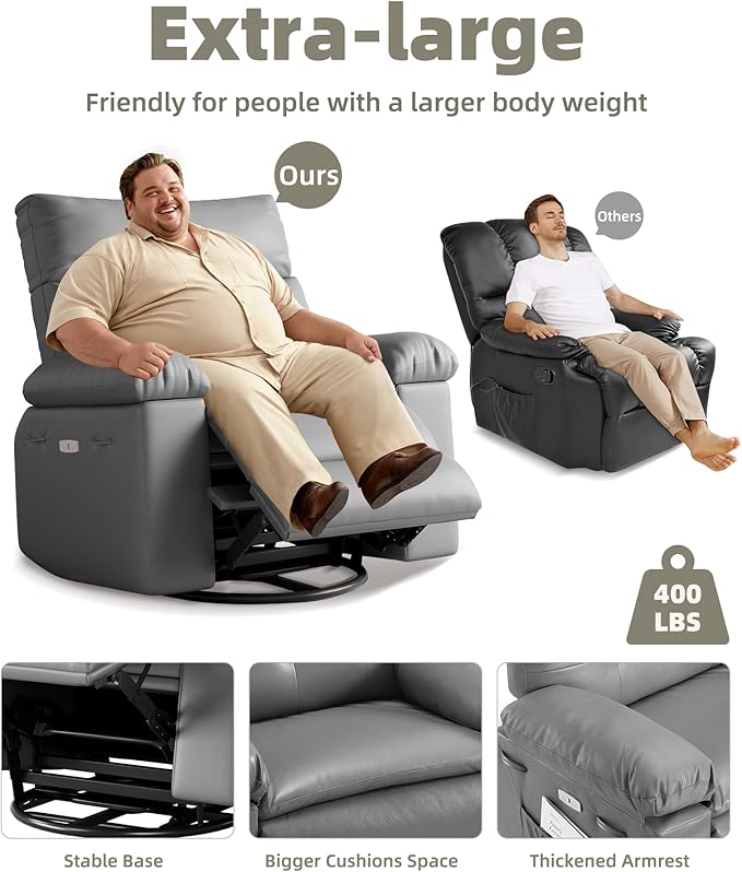 Oversized Power Recliner Chair - Electric 360° Rocker Swivel Recliner with Heat and Massage, PU Leather Large Recliners for Adults, Comfortable Lazy Chair with 1.5X Sponge Filling