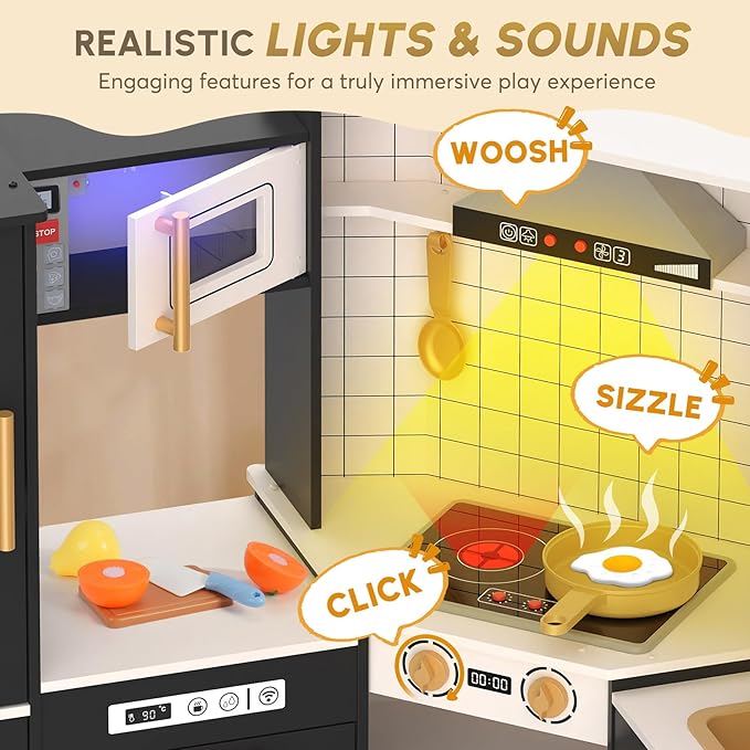BIERUM Coner Wooden Play Kitchen with Real Lights & Sounds, Trendy Home Style Kitchen Playset, Toy Kitchen with 28 Pcs Toy Food & Cookware Accessories, Gift for Boys & Girls Ages 3+