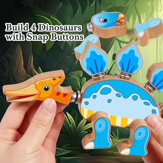 HUZU Dinosaur Building Blocks, Wooden Dino Snap Blocks, Snap Dinosaur Toys for Kids 3-5, 5-8, Fine Motor Skills STEM Kits Educational Learning Building Toys Gifts for Preschool Children