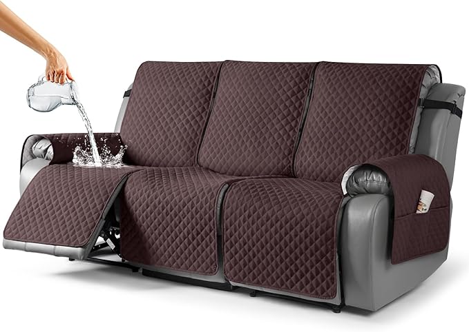 TAOCOCO Waterproof Recliner Couch Cover Sofa Slipcover for 3 Cushion Couch, Pet Sofa Cover for 3 Seat Recliner, Washable Reclining Sofa Cover Furniture Protector with Straps(3 Seater, Coffee)