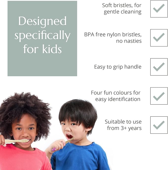 Wild & Stone | Organic Children's Bamboo Toothbrush | 4 Pack | Soft Fibre Bristles | 100% Biodegradable Handle | BPA Free | Vegan Eco Friendly Kids Toothbrushes (Aqua)