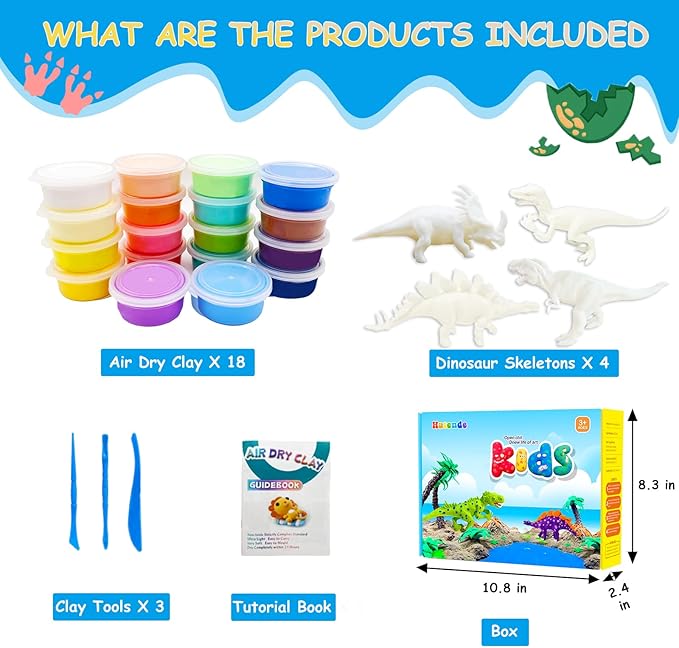 Dinosaurs Air Dry Clay Kit with 4 Dino Skeletons, 18 Colors Modeling Magic Clay with Sculpting Tools, Soft & Ultra Light, Arts and Crafts Gift for Boys & Girls Age 3-12 Year Old