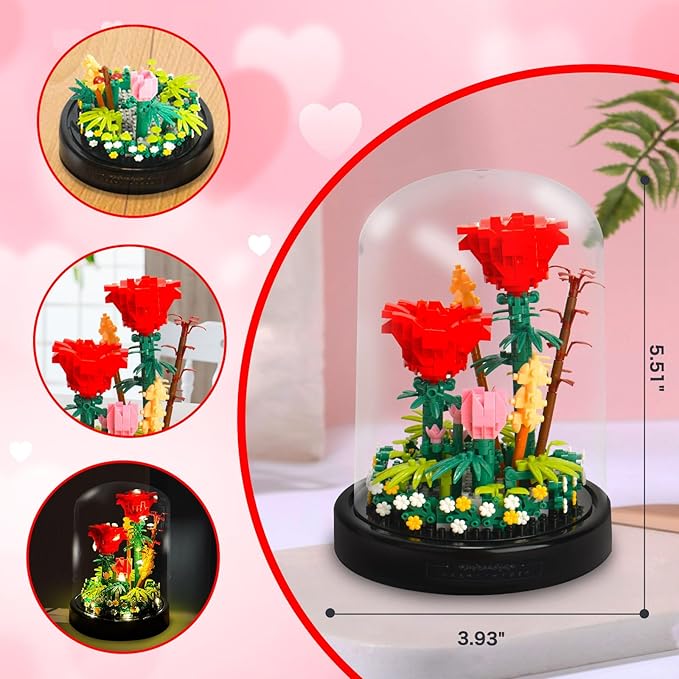 Topdear Flower Bouquets Building Sets with LED String Light and Dust Cover, 593 Pcs Red Rose Bouquet Building Block Gifts for Mothers Day, Valentines Day, Birthday, Anniversary, Christmas