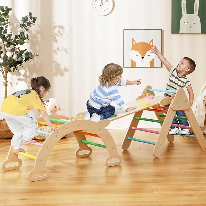 Costzon Climbing Toys for Toddlers, Foldable Montessori Wooden Arch Climber Ladder with Sliding Ramp, Multi-Combination Methods, Rainbow Kids Triangle Climber Play Gym Set for Boys Girls Gift Present