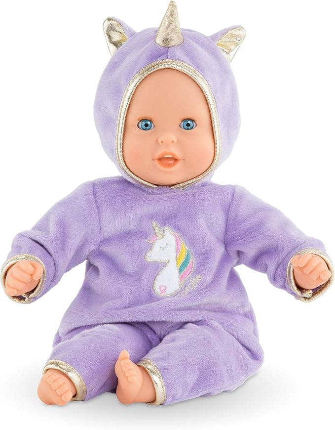 Corolle Bébé Calin Unicorn Boy Baby Doll - 12" Soft Body Doll with Purple Hooded Outfit, Sleeping Eyes Open and Close, Vanilla-Scented, for Ages 18 Months and up