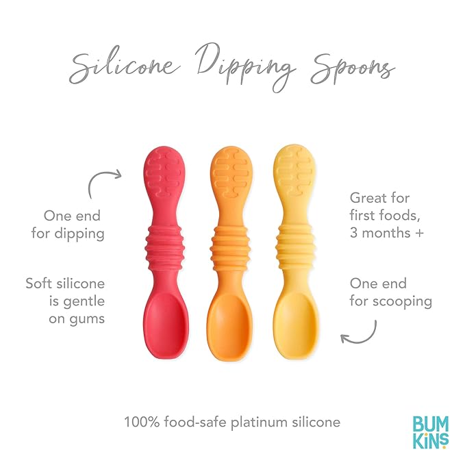 Bumkins Baby Utensil Set, Silicone Trainer Spoons for Dipping, Soft Tip, Self-Feeding, Chew, Baby Led Weaning, First Year Training Supplies, Essentials in Learning Eating, 4 Mos, 3-pk Red and Yellow