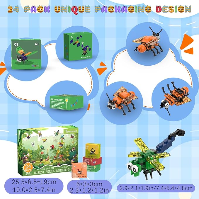 Party Favors for Kids 24 Pack Insect Building Sets, Bulk Educational Bug Blocks Toy for Valentines Day Classroom Prizes, Goodie Bags, Easter,Christmas, Birthday Party Gifts for Boys and Girls