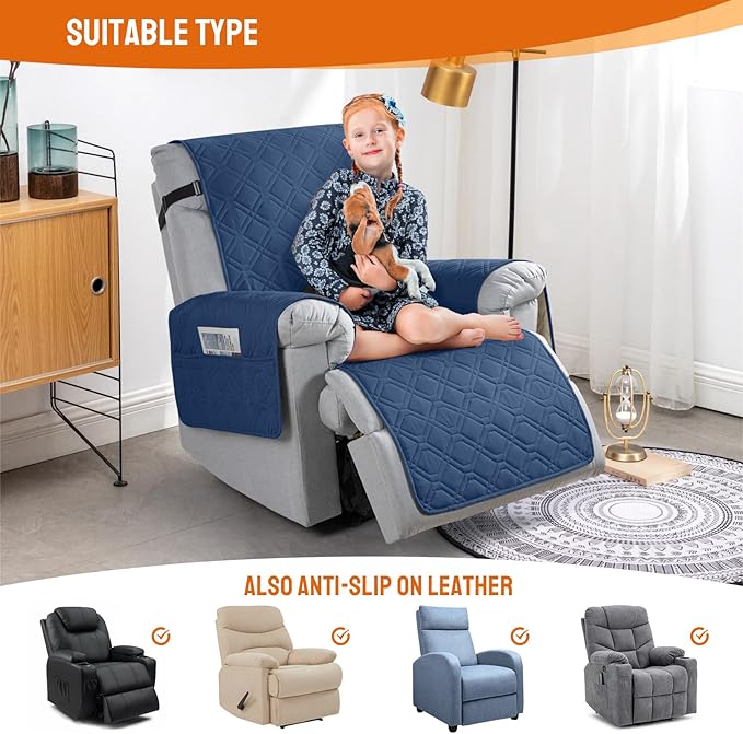 VANSOFY 100% Waterproof Recliner Chair Covers, Recliner Cover Non-Slip Dog Chair Cover Furniture Protector Washable Slipcover with Pocket, Elastic Straps for Pets, Dogs(Ocean Blue, 28")
