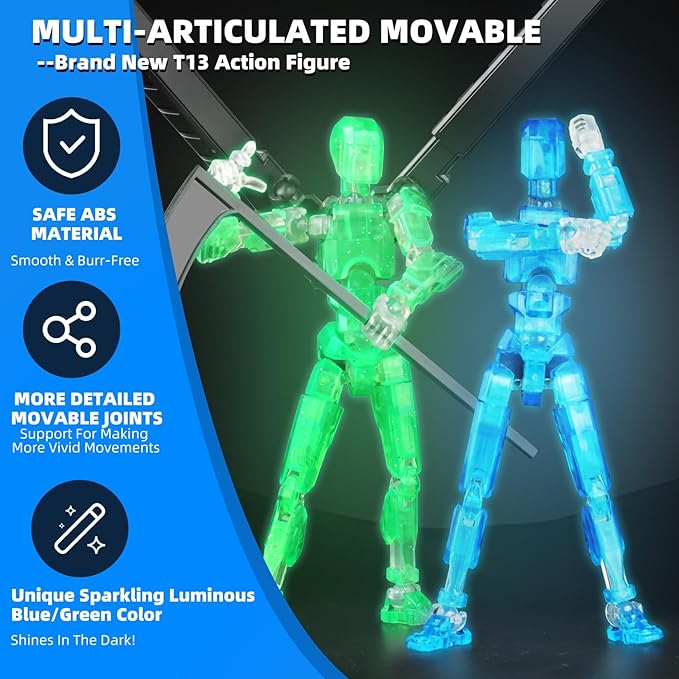 Luminous T13 Action Figure Set, 2PCS Titan 13 Robot Action Figure 3D Printed T13 Action Figure Articulated, Lucky 13 Gift for Collectors Desktop Decorations, Grow in The Dark Blue & Green