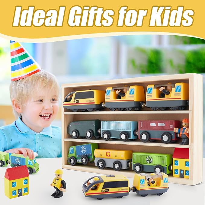 Electric Train Set Toys Wooden Magnetic Cars - Locomotive Auto Forward/Backward/Park, Gift for 3 4 5 6 Year Old Toddlers Kids Boys Truck Trains Toy, Compatible with Common Wooden Train Tracks