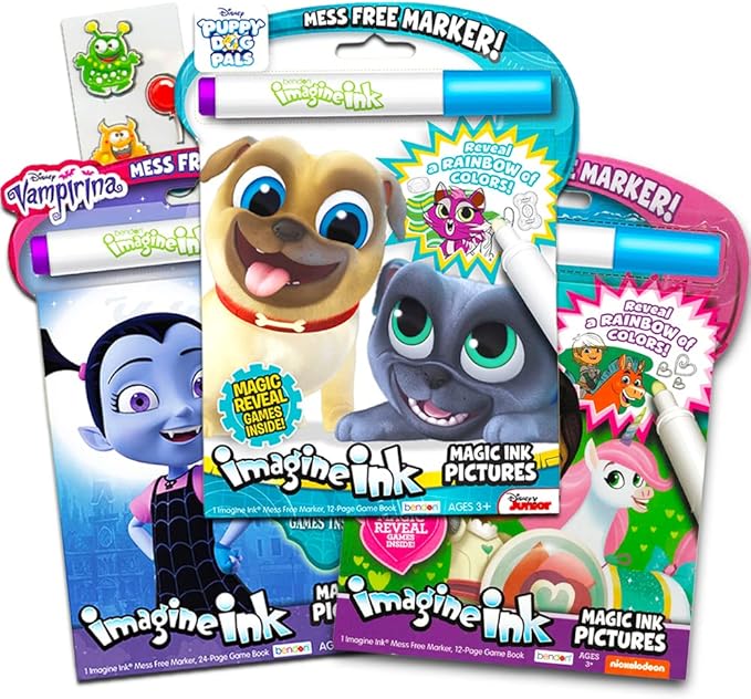 Disney Magic Ink Coloring Book Set for Girls Toddlers Kids - Bundle of 3 Imagine Ink Books Featuring Disney Junior Vampirina, Puppy Dog Pals, and Nella The Princess Knight with Invisible Ink Pens