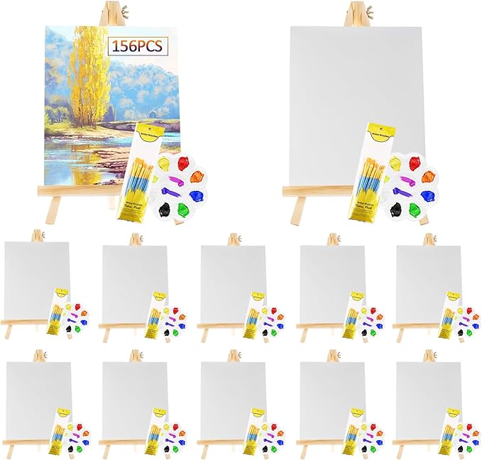 Rabbitale 156 Pcs Art Painting Kit Supplies Set for Kids to Party - 12 Packs of 120 Brushes, 12 Wood Easels(8 * 12in), 12 Canvas Panels(8 * 10in) & 12 Palettes(5in), No Paint