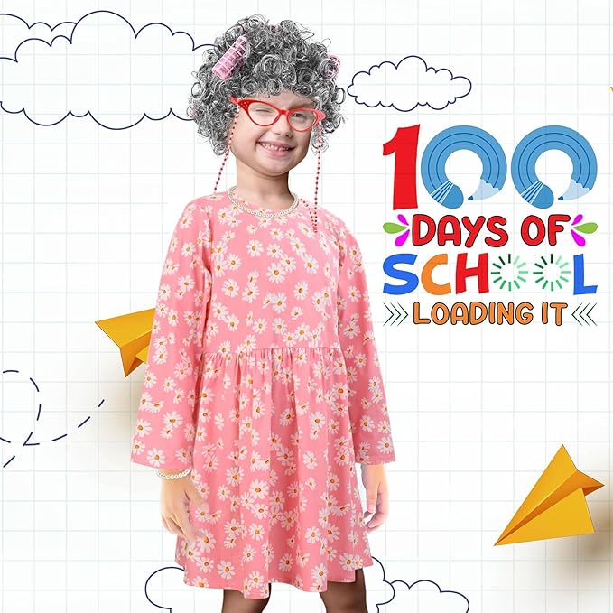 Old Lady Costume Kit Include Wig Floral Skirt Bucket Bag Glasses&Chain Cane for Halloween Granny Cosplay