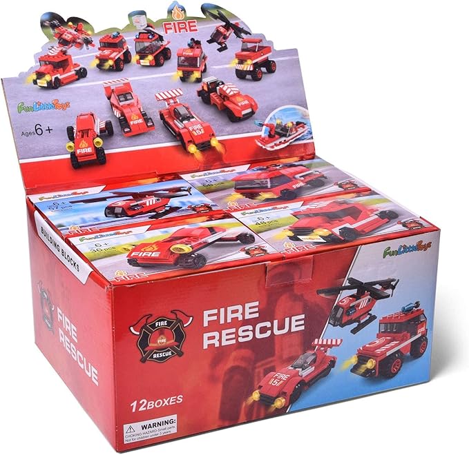 FUN LITTLE TOYS 12 Boxes Fire Rescue Vehicles Mini Building Blocks Party Favors for Kids 8-12, Car Building Kit, 3D Assembly Cars for Easter Eggs Empty, Kids Prizes in Bulk for School
