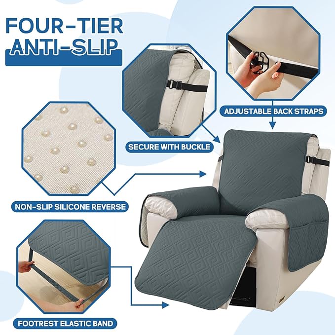 XINEAGE 100% Waterproof Recliner Cover, Non Slip Recliner Chair Cover with Elastic Band, Washable Recliner Slipcover with Storage Pockets for Kids, Pets (Dark Grey, 25")