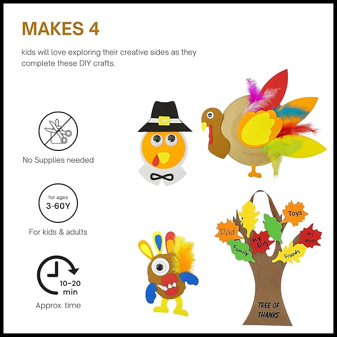 4E's Novelty Thanksgiving Craft for Kids (Makes 4) Includes - Thankful Tree, Turkey Plate Craft, Pilgrim Magnet, Turkey Monster - Foam Craft Dinner Activity for Toddlers, Kids, Adults