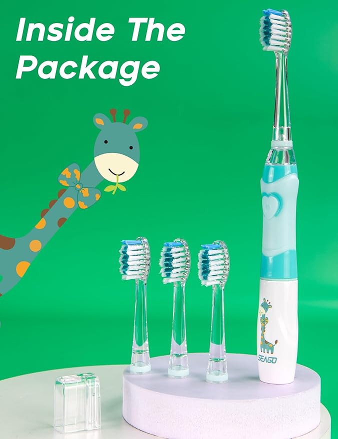 SEAGO Kids Electric Toothbrush with 2 Mins Brushing Timer and 4 Replacement Bursh Heads, Rainbow LED Light Make Brushing Fun, Green Color Boys Battery Powerd Toothbrush for 4-12 Years Old，SG-977