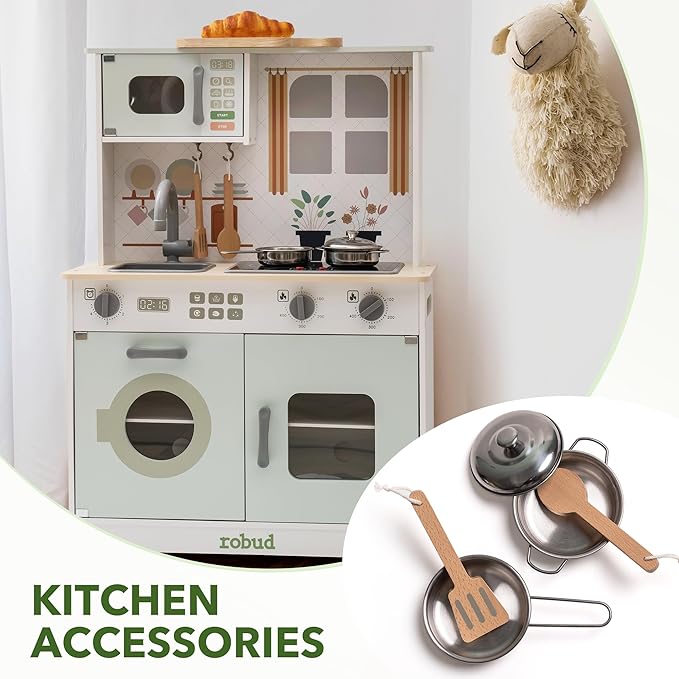 ROBUD Play Kitchen for Kids, Wooden Kids Kitchen Playset with Lights & Sounds, Pots, Cookware, Pretend Kitchen Gift for Boys Girls, Green Modern Look, Age 3+