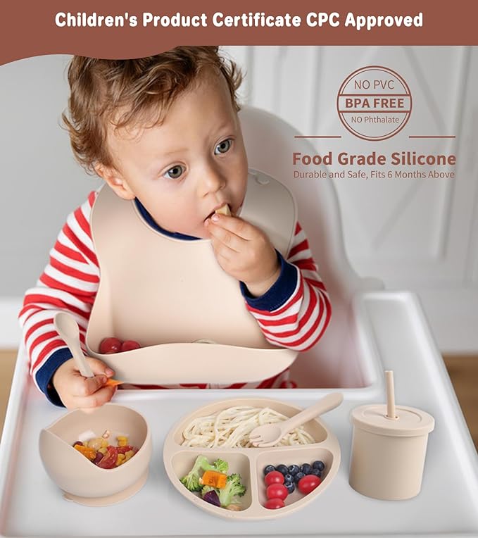 ECLIP Silicone Baby Feeding Set, 10 Pcs Baby Led Weaning Supplies with Suction Bowl Divided Plate Adjustable Bib Soft Spoon Fork Snack Cup with Lid Drinking Cup, Utensil (Beige)