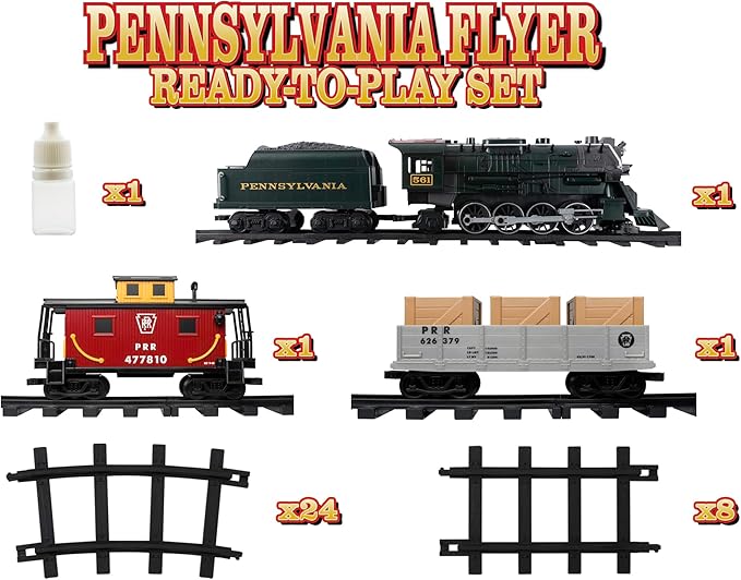 Lionel Battery-Operated Pennsylvania Flyer Freight Toy Train Set with Bluetooth, Locomotive, Train Cars, & Track with Authentic Train Sounds, Lights, & Water Vapor Smoke Effects for Kids 4+