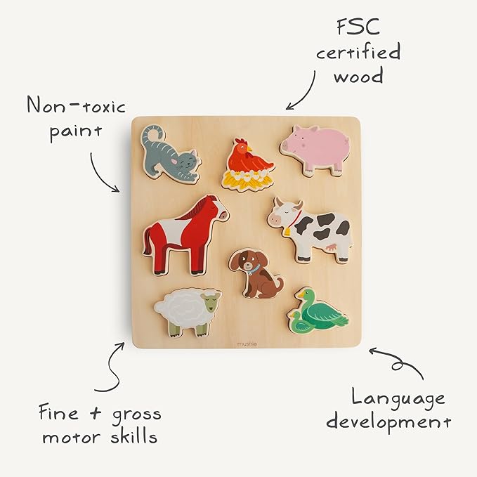 mushie Wooden Farm Puzzle | for Kids 3 Years+ | Preschool Educational & Toddler Montessori Toys (6 pcs)