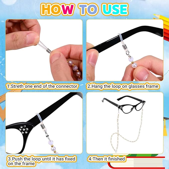 Kavoc 4Pcs Old Lady Costume Accessories Granny Grandma Dress up Eyeglasses Beaded Chain Faux Pearl Bead Necklace and Bracelet