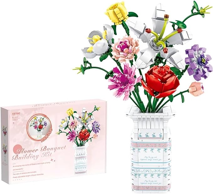 Adults Flowers Bouquet Building Set for Women, 10 Artificial Flowers, with Blocks Vase (730 Pcs)
