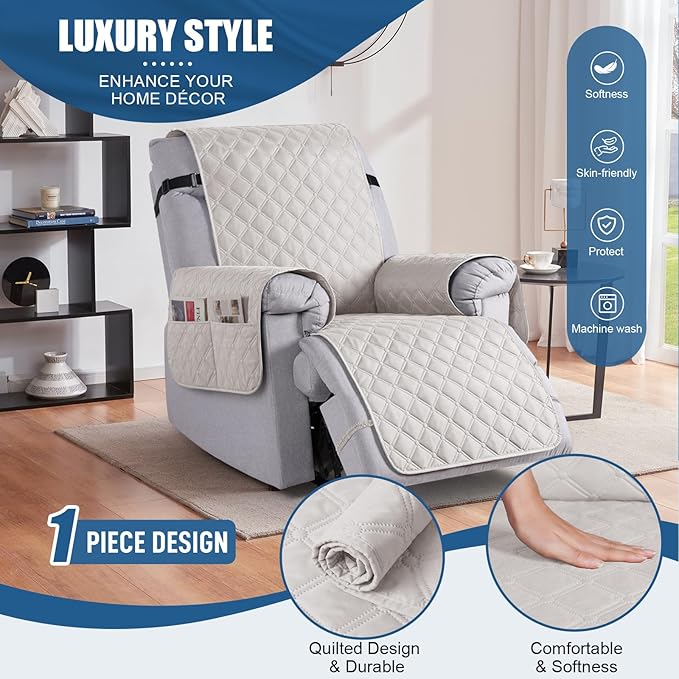 TAOCOCO 100% Waterproof Recliner Covers, Recliner Sofa Covers with Leg Straps, Reversible Recliner Couch Cover for Reclining Chair, Washable Couch Protector for Pets Kids(1 Seater 28", Off Whit)