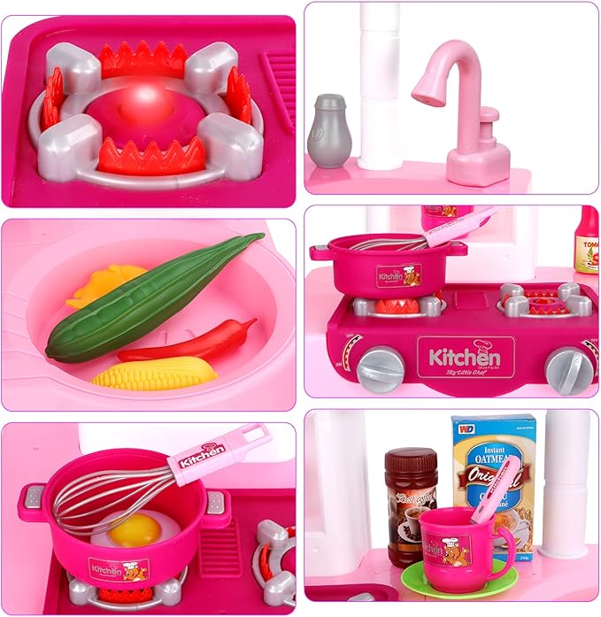 deAO Kitchen Playset Toy Pretend Food with Sounds and Lights Role Playing Game Pretend Food Playset for Toddlers,Pink