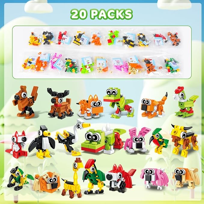 HOGOKIDS Party Favors for Kids, 20 Pack Animals Building Block Toy, Easter Gifts Goodie Bags Stocking Stuffer Classroom Prizes Building Set, Christmas Birthday Gift for Boys Girls Ages 6-12+