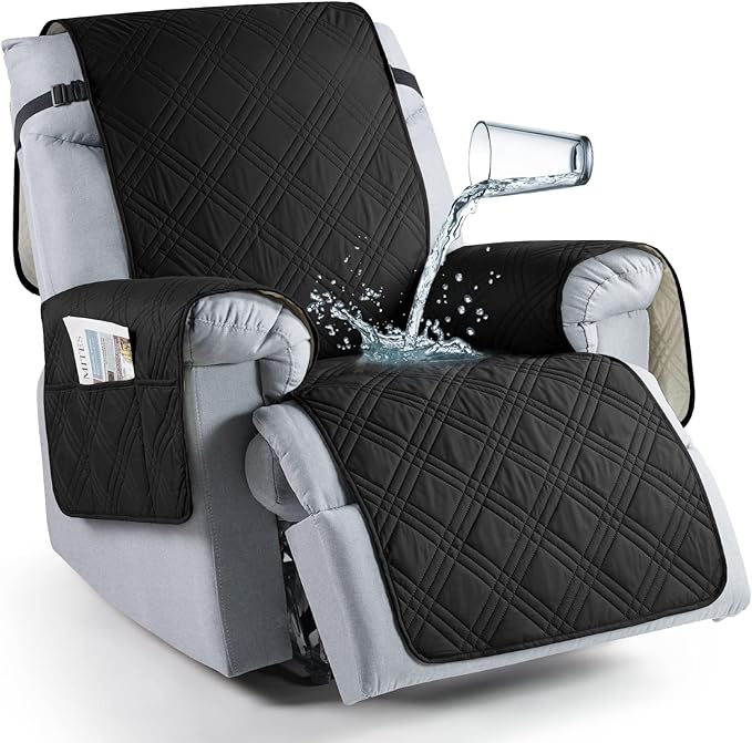TAOCOCO 100% Waterproof Recliner Chair Cover, Non Slip Recliner Covers for Recliner Chair with Pocket, Washable Reclining Chair Cover Furniture Protector for Kids, Pets(Recliner Chair, Black)