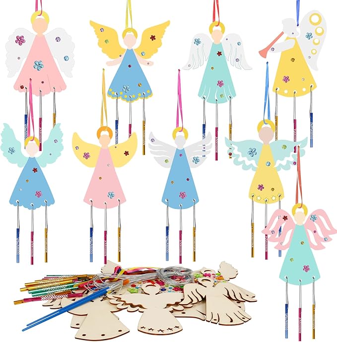 Fennoral 9 Pack Angel Wind Chime Kits for Kids Make You Own Angel Wind Chimes DIY Wooden Crafts to Paint for Art Activities Christmas Tree Hanging Ornaments Christmas Decoration