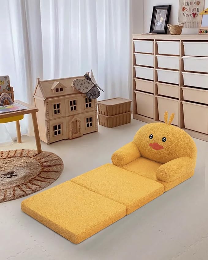 MOONBEEKI Comfy Toddler Chair, Kids Couch Fold Out to Lounger, Foldable Baby Sofa Plush for Girl and Boy Age 18 Months and Up （Duck）