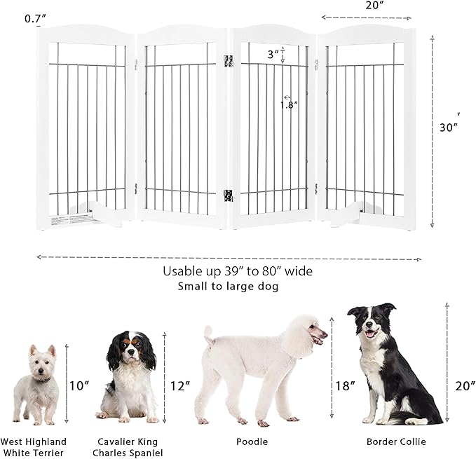 Spirich Extra Wide and Tall Dog gate for The House, Doorway, Stairs, Freestanding Foldable Wire Pet Gate for Dogs, 80-inch Wide,30 inches Tall, White (4 Pannels)