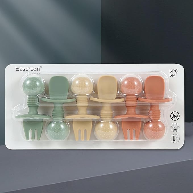 6 Pack Baby Spoons and Forks Set, Silicone First Stage Self Feeding Infant Toddler Utensils, BPA Free, Baby Led Weaning Feeding Supplies for Baby Essentials