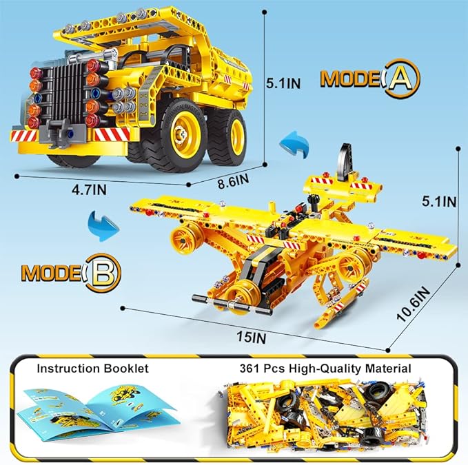 Jyusmile STEM Toy Building Toy for Age 6, 7, 8, 9, 10, 11, 12 Years Old Kids Boys Girls - 2-in-1 Truck Airplane Take Apart Toy, 361 Pcs DIY Building Blocks Kits, Engineering Construction Toy