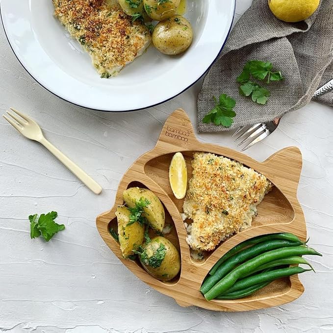 Bamboo Baby Plate with Suction - Kids and Toddler Suction Cup Plate for Babies, Non-Toxic All-Natural Bamboo Baby Food Plate Stays Cool to The Touch for Baby-Led Weaning (Fox-Pink)