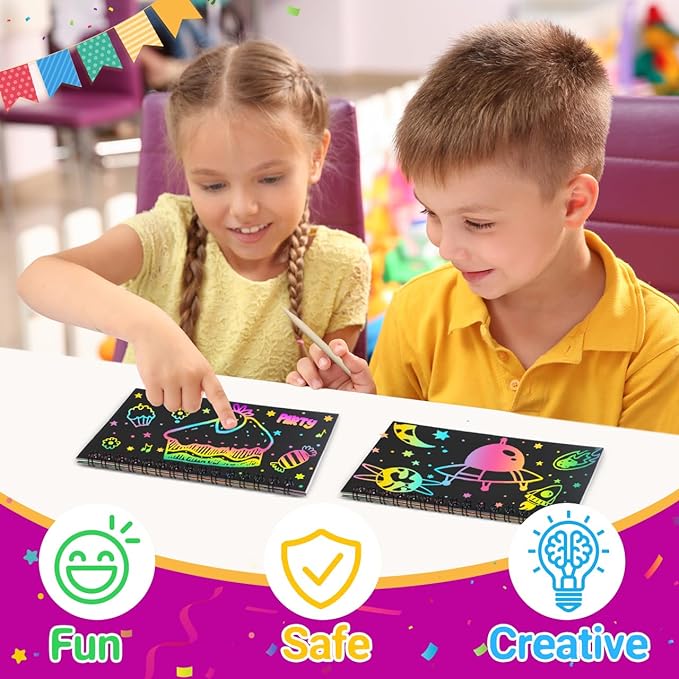 pigipigi Party Favor Toy for Kids: 24 Pack Rainbow Art Scratch Notebook, Colorful Craft Scribble Paper Magic Black Drawing Pad kit, Activity Gift Set for Girl Boy Children Birthday Christmas