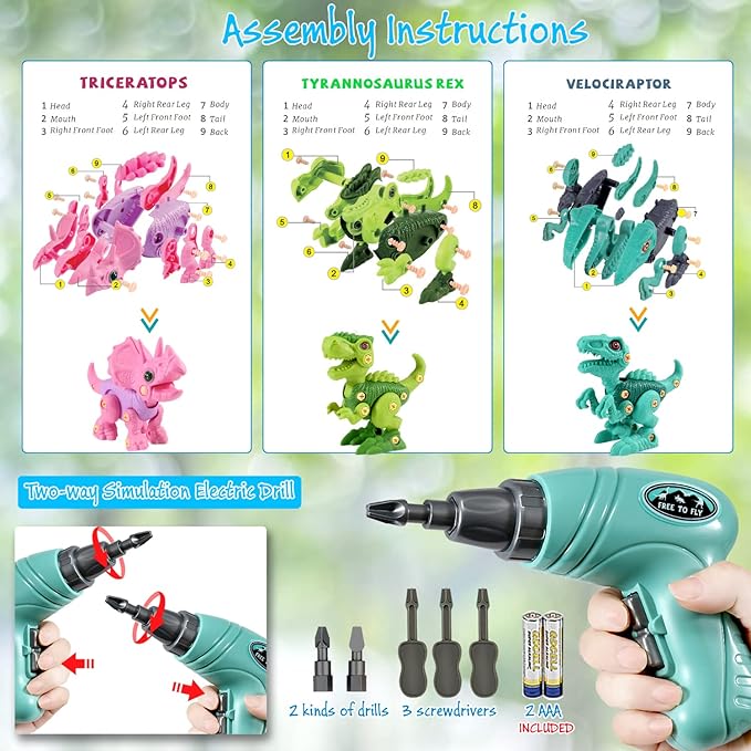 FREE TO FLY Dinosaur Toys for 3 4 5 6 7 8 Year Old Girls Boys: Take Apart Dinosaur Toys for Kids 3-5 5-7 STEM Building Construction Kids Toys with Electric Drill Dino Toys Birthday Gifts
